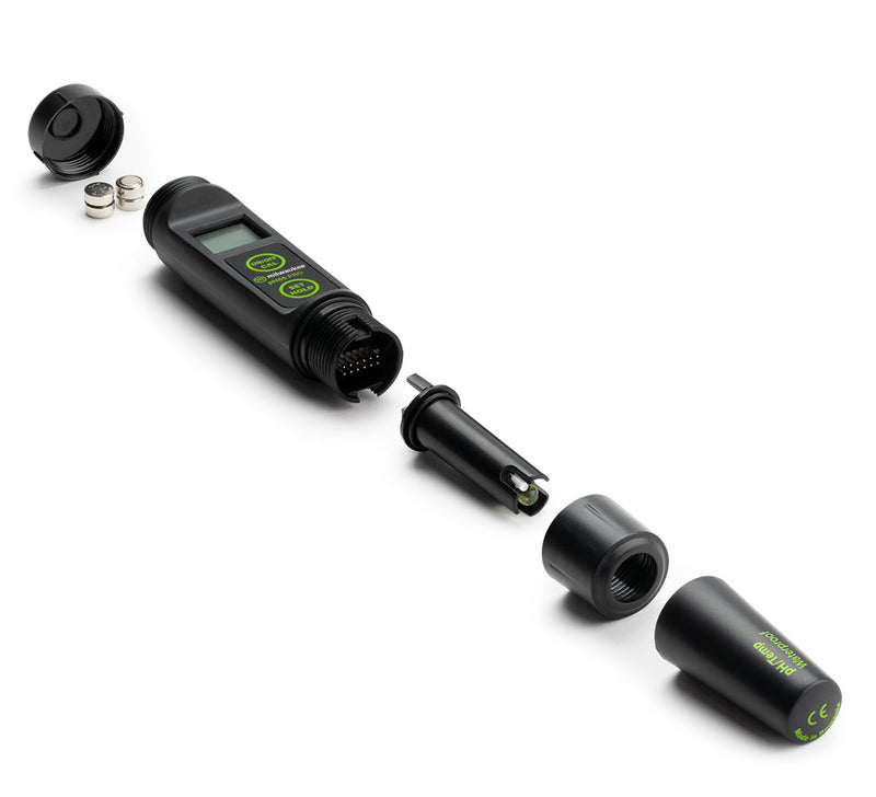 Digital pH meter with various attachments on a white background