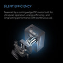Diagram of a cutting-edge DC motor with text highlighting silent efficiency on a dark background