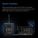 Smart control system with device and smartphone app on a dark background